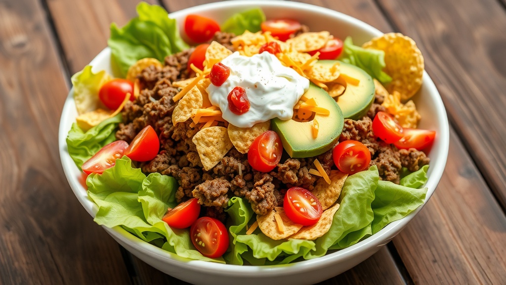 Hearty Taco Salad with a Zesty Twist A delicious taco salad with lettuce, tomatoes, avocado, ground beef, and toppings in a large bowl on a rustic table.